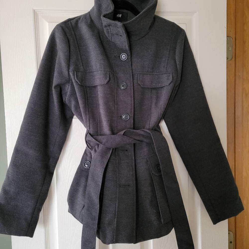 H&M gray wool tie pea coat size 12